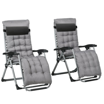 Folding Garden Chairs Set of 2, Reclining Zero Gravity Chair, Sun Lounger with Cushion and Headrest, Dark Grey