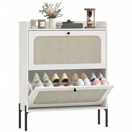 Shoe Cabinet with 2 Flip Drawers, Boho Narrow Shoe Storage Cabinet, White