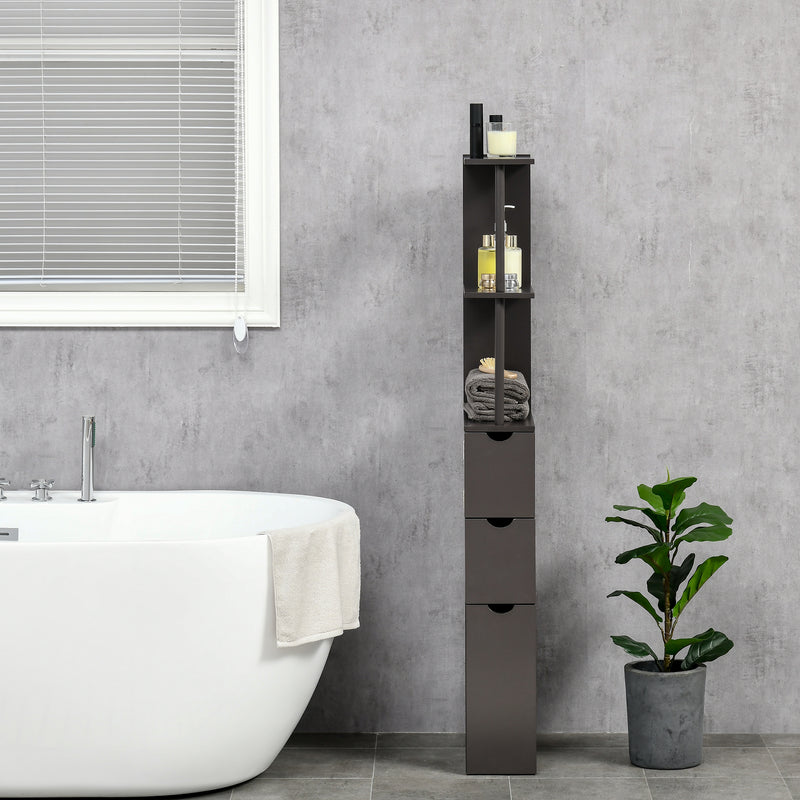 Tall Bathroom Storage Cabinet, Narrow Bathroom Cabinet with Drawers and Open Shelves for Small Spaces, Brown