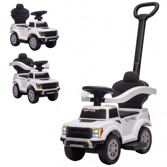 3 In 1 Licensed Ford Kids Push Car with Push Handle, Horn, Sound, Secure Bar, Storage, for Toddlers 18-36 Months, White